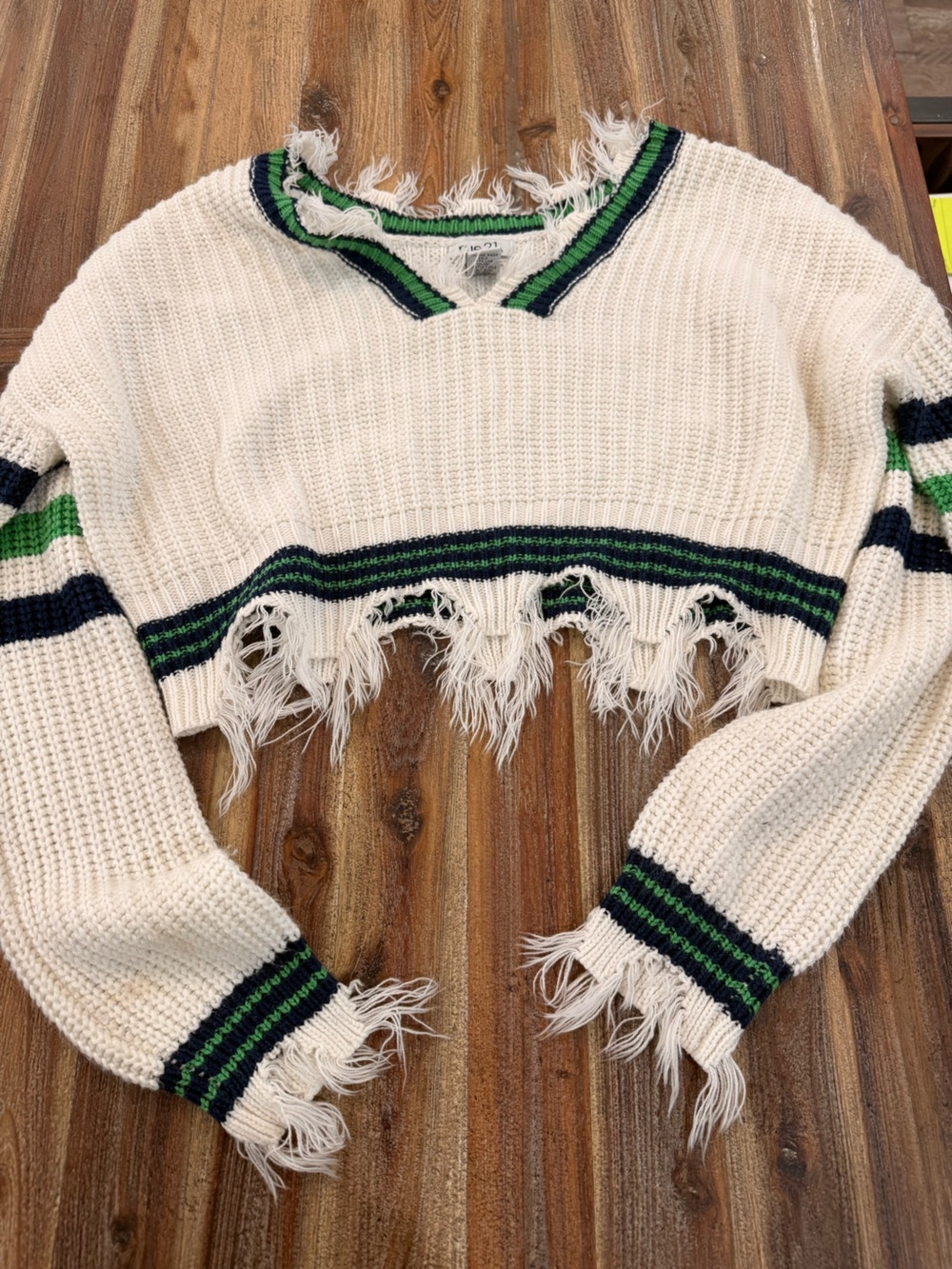 Rue21 Cropped V-Neck Sweater in White with Green & Navy Stripes
